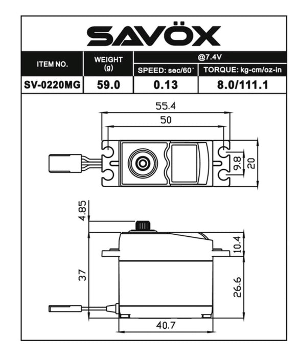 Savox SV-0220MG HV STD Size 8KG 0.13 @7.4v 40.7x20x37mm 59g - Hobby City NZ