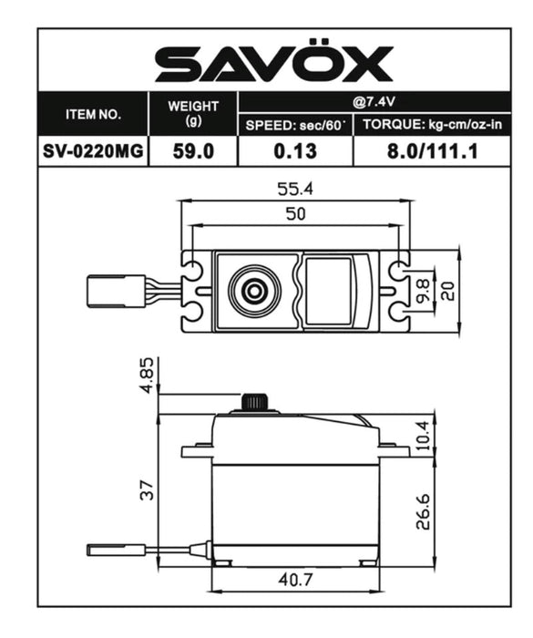 Savox SV-0220MG HV STD Size 8KG 0.13 @7.4v 40.7x20x37mm 59g - Hobby City NZ (8319183847661)