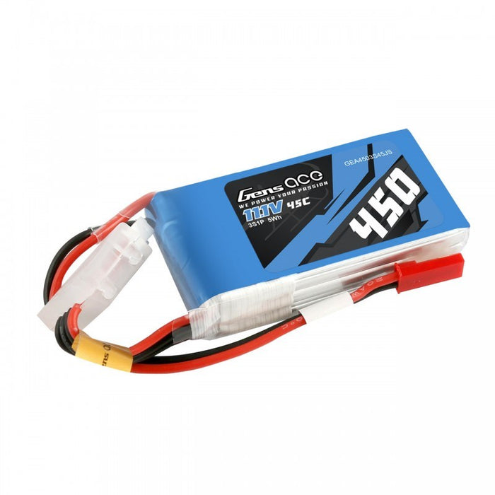 Gens Ace GA0450-3S45-JST 450mAh 11.1V 45C 3S1P Lipo Battery Pack with JST Plug - Hobby City NZ (8319036817645)