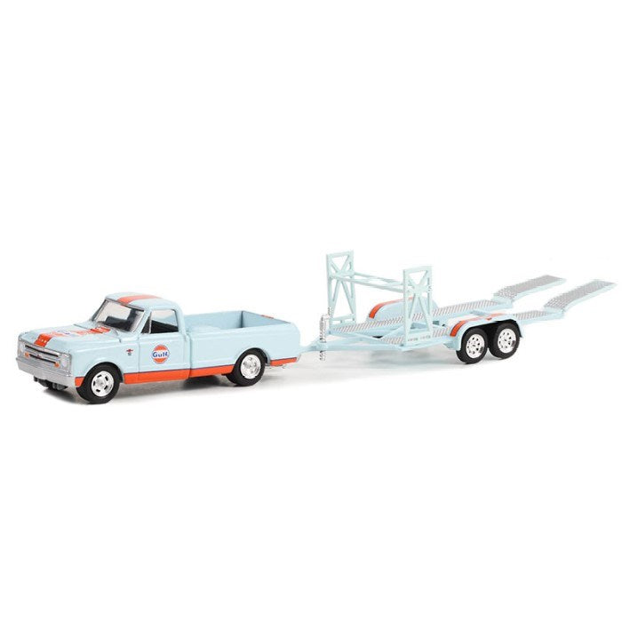 GreenLight 32270-A 1/64 1968 Chevrolet C-10 Shortbed Pickup and Tandem Car Trailer - Gulf Oil