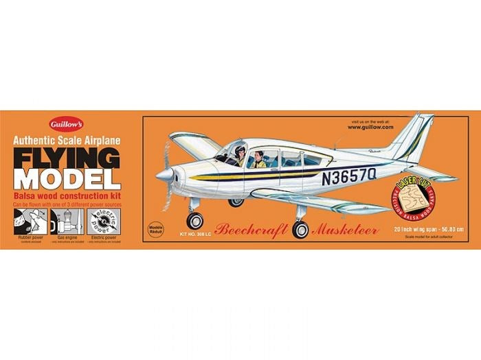 Guillows #308LC 1/20 Beechcraft Musketeer - Balsa Flying Kit (767696568369)