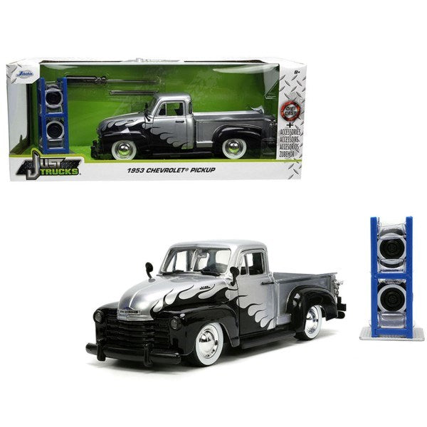 Jada 33025 1/24 1953 Chevrolet 3100 (Silver/Flames) w/Wheel Rack - Just Trucks - Hobby City NZ (8062702125293)