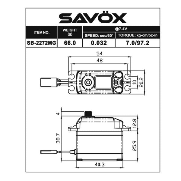 Savox SB-2272MG Digital HV Brushless Servo 69g 7kg-cm 0.035sec/60 deg (7.4V) (6626377203761)