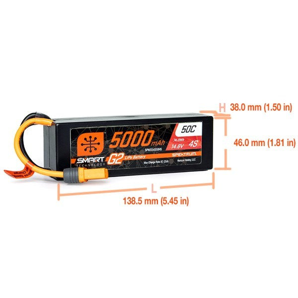 Spektrum SPMX54S50H5 5000mAh 4S 14.8V 50C Smart G2 Hard Case LiPo w/IC5 Connector - Hobby City NZ (8055000727789)