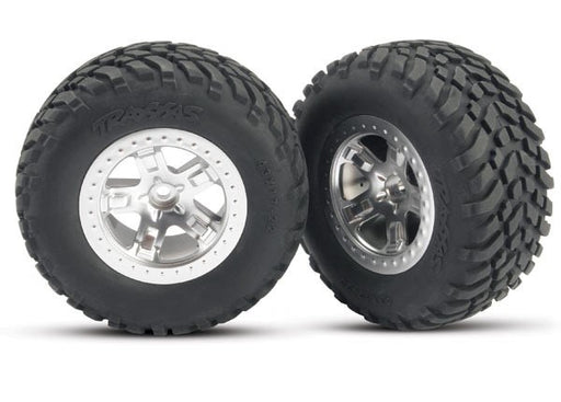 Traxxas 5875 - Tires & wheels assembled glued (SCT satin chrome beadlock style wheels SCT off-road racing tires foam inserts) (2) (2WD front) (8827943747821)