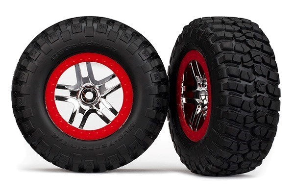 Traxxas 5877R - Tires & wheels assembled glued SCT chrome red beadlock style (2) (2WD front) (8827975139565)