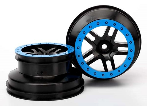 Traxxas 5884A - Wheels SCT Split-Spoke Black Blue Beadlock Style Dual profile (2.2" outer 3.0" inner) (4WD f/r 2WD rear) (2) (769267925041)