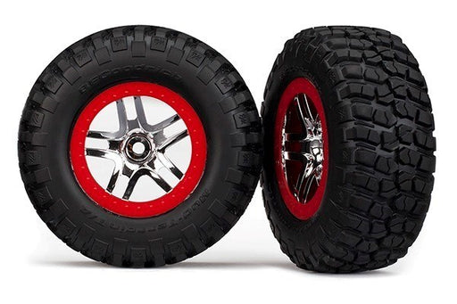 Traxxas 6873R - Tires & wheels assembled glued SCT chrome red beadlock style (2) (4WD f/r 2WD rear) (8338403786989)