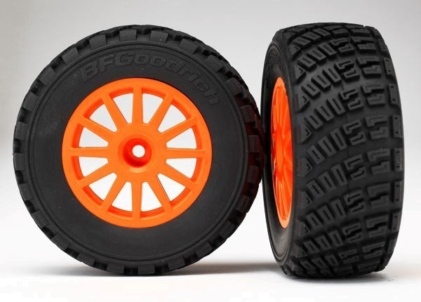 Traxxas 7473A - Tires & Wheels Assembled Glued (Orange Wheels gravel pattern tires foam inserts) (2) (TSM rated) (8827978645741)