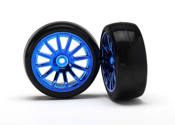 Traxxas 7573R - Tires & Wheels Assembled Glued (12-Spoke Blue Chrome Wheels slick tires) (2) (769282965553)